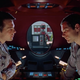 Astronauts Frank (Gary Lockwood) and Dave (Keir Dullea) discuss the malfunctioning HAL 9000 computer in 2001: A Space Odyssey.